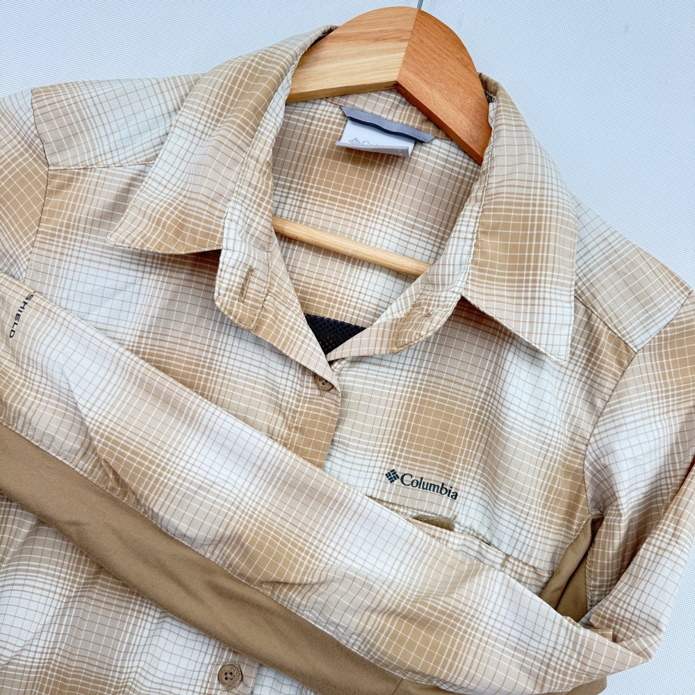 Columbia Plaid Button Down Shirt Women Small Tan Omni-Shield Long Sleeve Hiking